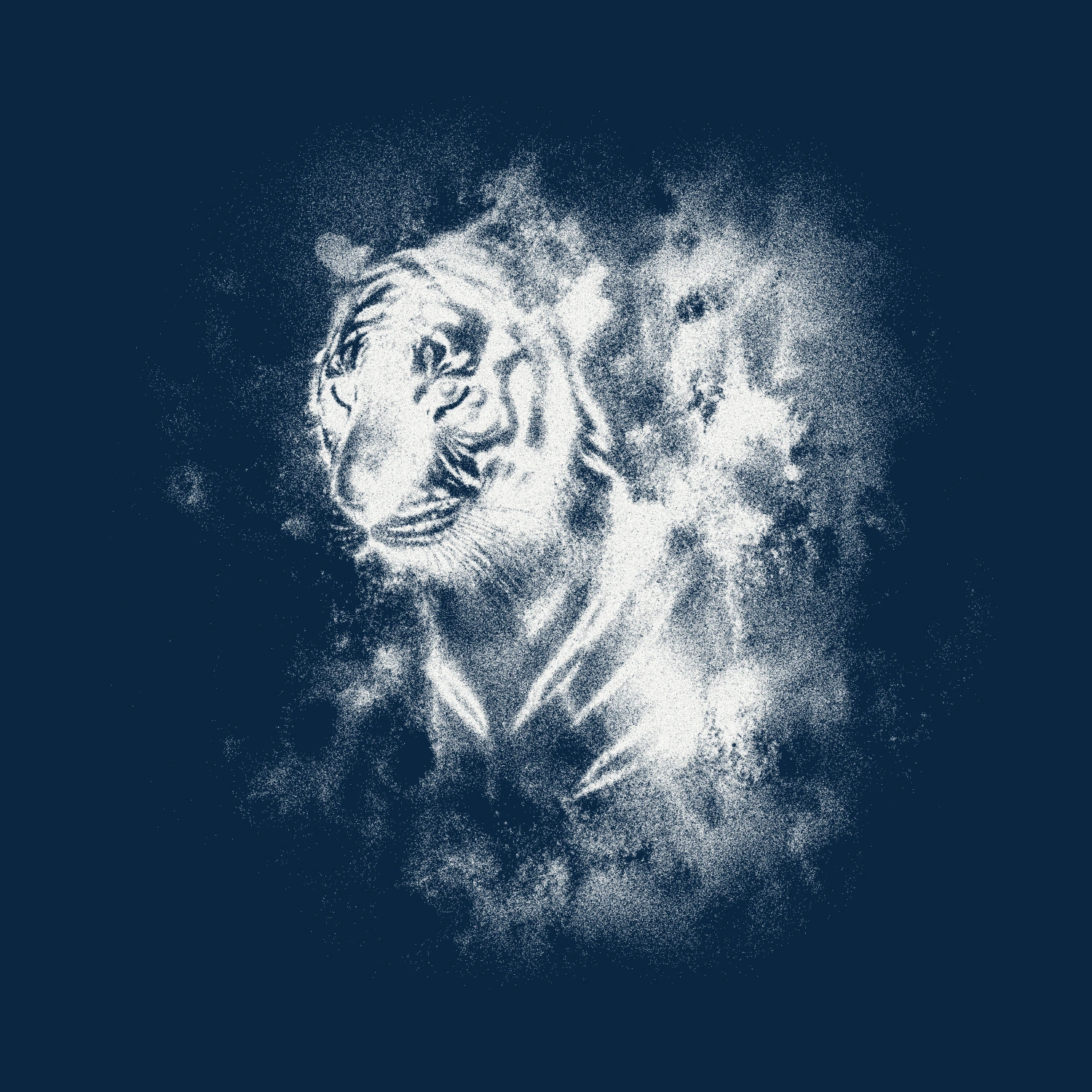 En ljus tiger och drömska slöjor mot nattblå bakgrund.
